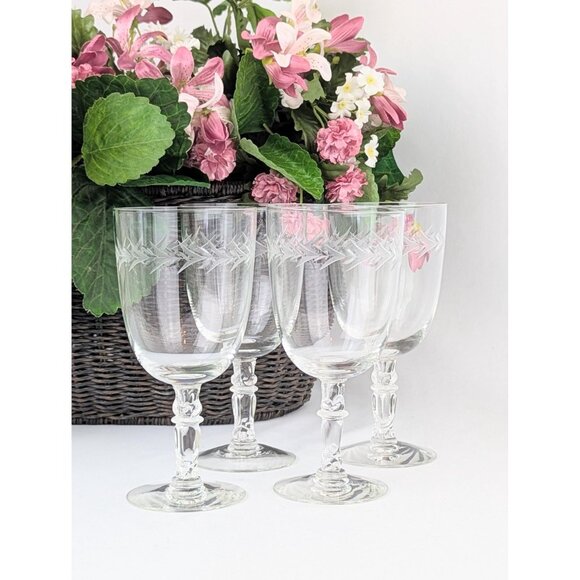 Set of 4 Etched Low Water Glasses Retro 1940s Vintage Fostoria Holly Low Goblets - Picture 2 of 6